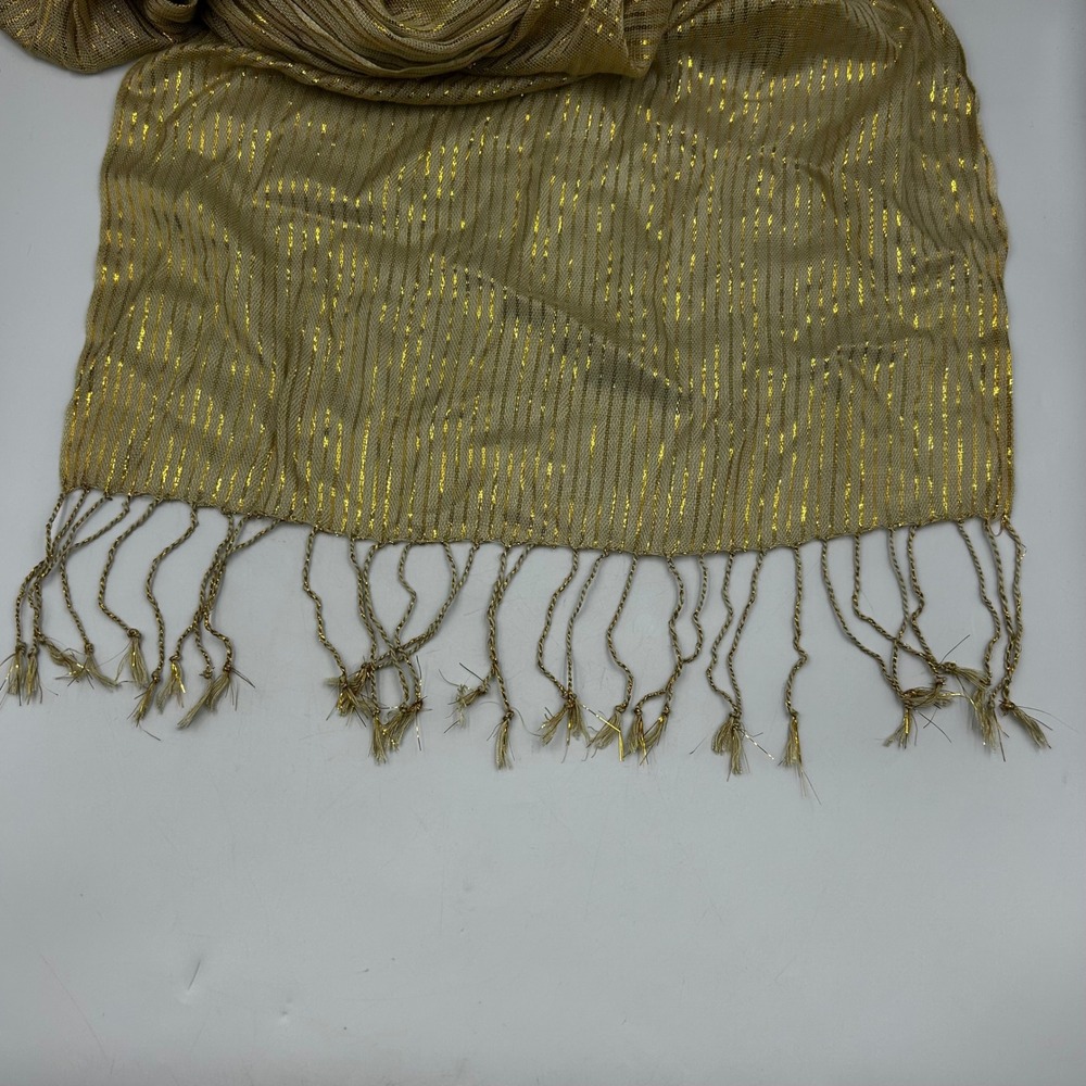 Chico's Scarf Gold Womens Metallic Stripe Linen Blend Fringe EUC 74 in x 17 in